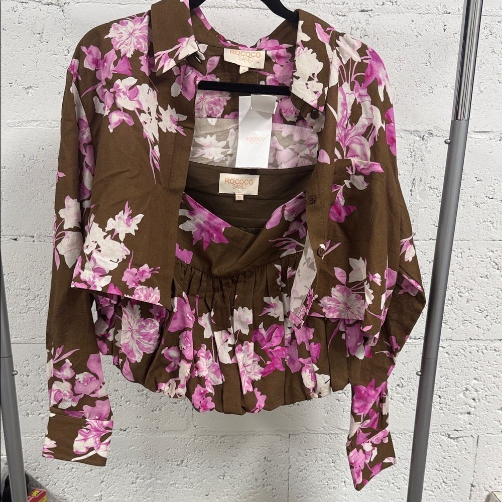 Rococo Sand Brown and Pink Floral Blouse and Skirt Set - Long Sleeve NWT